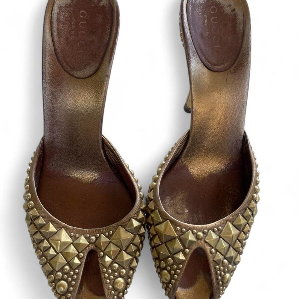Vintage Gucci Gold Studded Peep-Toe Heels • Size 7B • Made in Italy